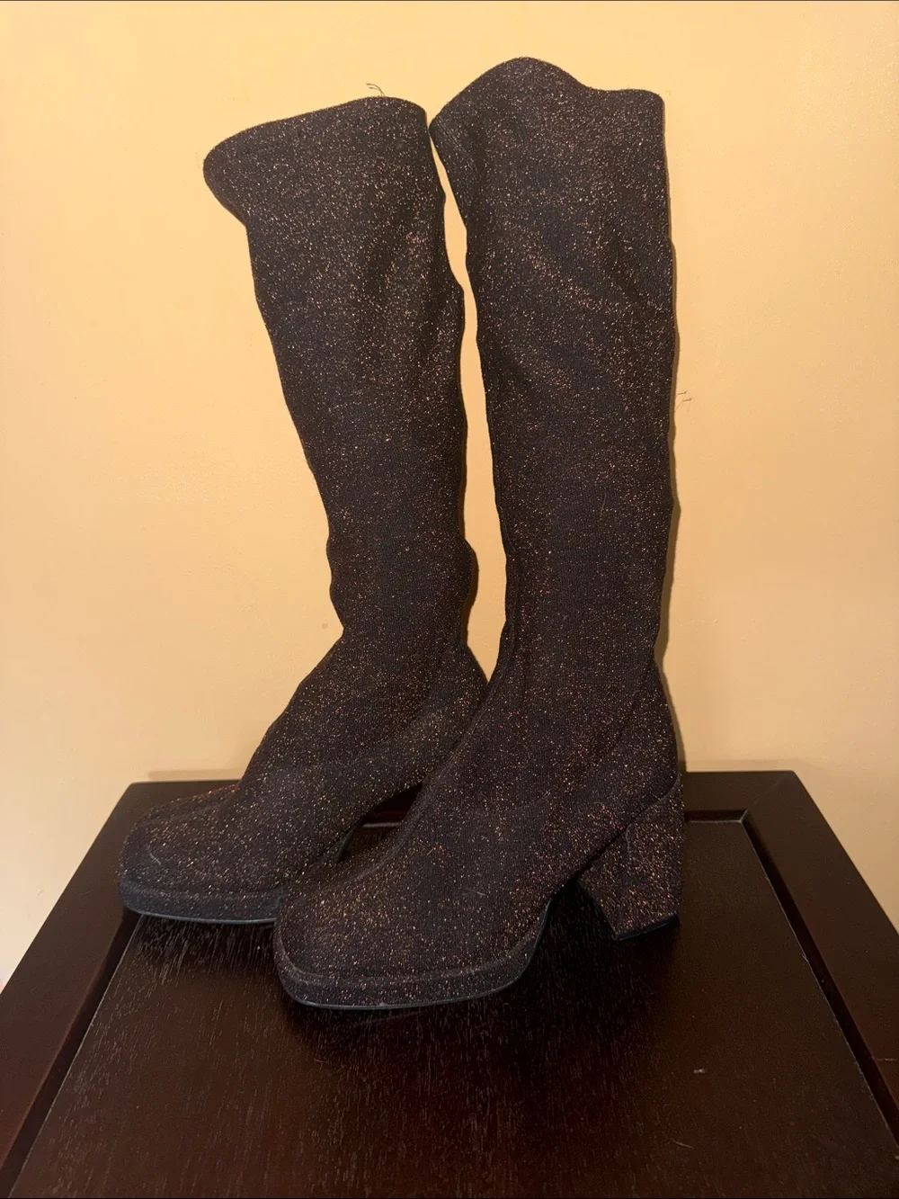 K Flag “Dina” Vintage Sparkle-Trim Over-the-Knee Boots in Black Size 7 1/2